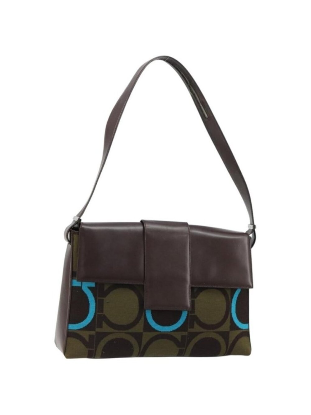 Authentic Salvatore Ferragamo Gancini Bag Knitted Fabrics Brown Silver